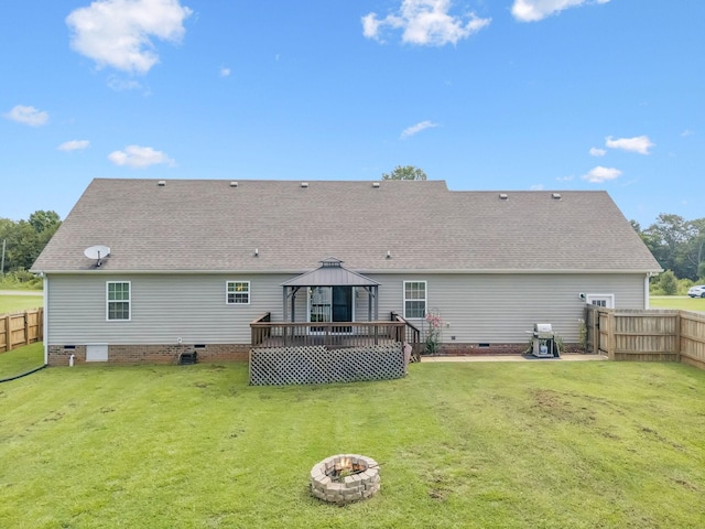 1493 Azalee Ln, Chapel Hill, TN 37034 - back of house with crawl space, a gazebo, roof with shingles, a fenced backyard, and a fire pit
