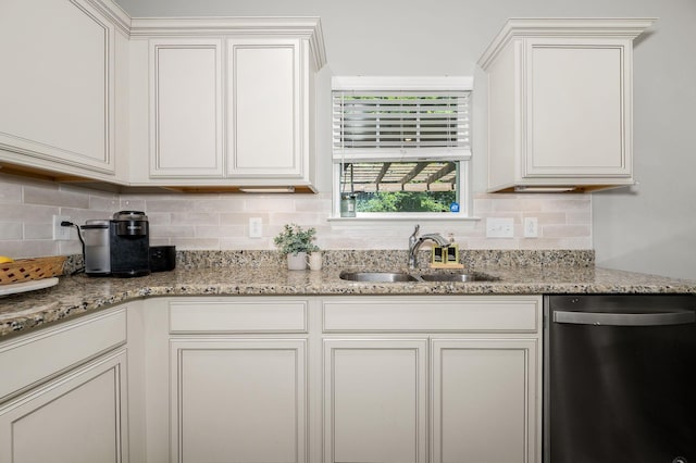1906 Charismatic Pl, Murfreesboro, TN 37128 - kitchen with dishwasher, decorative backsplash, light stone counters, and white cabinets