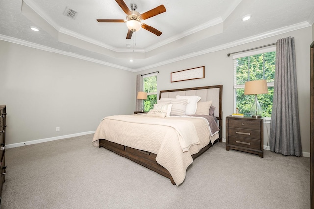 1906 Charismatic Pl, Murfreesboro, TN 37128 - bedroom with light colored carpet, a tray ceiling, crown molding, recessed lighting, and ceiling fan