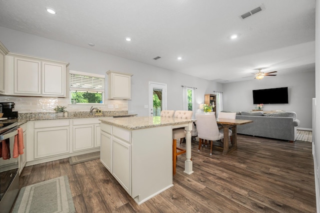 1906 Charismatic Pl, Murfreesboro, TN 37128 - kitchen featuring healthy amount of natural light, backsplash, stainless steel electric range oven, open floor plan, and recessed lighting
