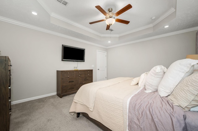 1906 Charismatic Pl, Murfreesboro, TN 37128 - bedroom with a raised ceiling, light carpet, crown molding, recessed lighting, and a ceiling fan