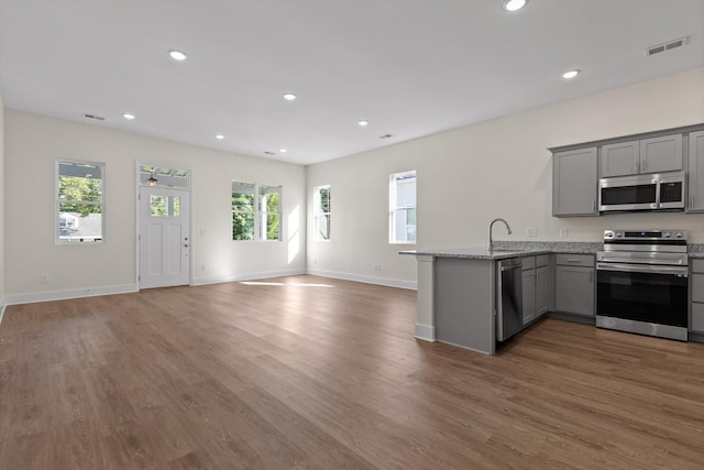 212 Mcbrien Rd, Chattanooga, TN 37411 - kitchen with appliances with stainless steel finishes, gray cabinetry, wood finished floors, open floor plan, and recessed lighting