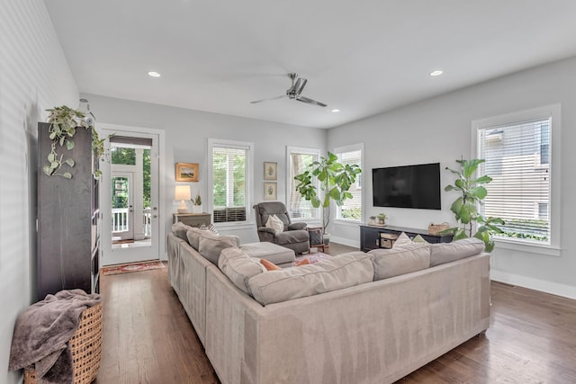 2806 Marlin Ave, Nashville, TN 37215 - living area featuring a ceiling fan, dark wood finished floors, and recessed lighting