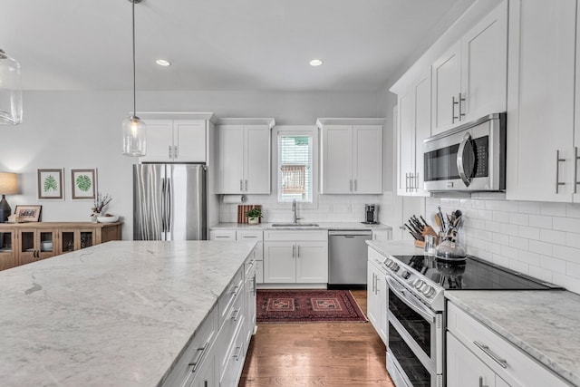 2806 Marlin Ave, Nashville, TN 37215 - kitchen featuring stainless steel appliances, dark wood-style flooring, white cabinetry, backsplash, and recessed lighting