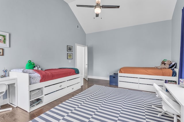 2806 Marlin Ave, Nashville, TN 37215 - bedroom featuring high vaulted ceiling, wood finished floors, and a ceiling fan