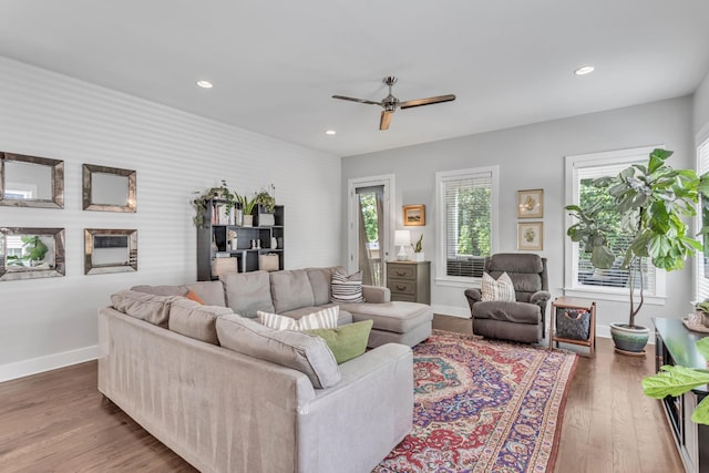 2806 Marlin Ave, Nashville, TN 37215 - living room featuring ceiling fan, wallpapered walls, recessed lighting, and wood finished floors