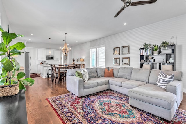 2806 Marlin Ave, Nashville, TN 37215 - living room with a chandelier, ceiling fan, dark wood-style floors, and recessed lighting