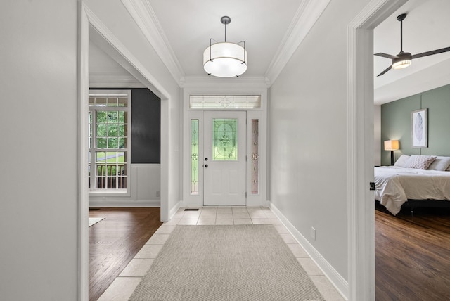 2386 Pleasant View Rd, Pleasant View, TN 37146 - foyer featuring ornamental molding, tile patterned flooring, ceiling fan, and wainscoting