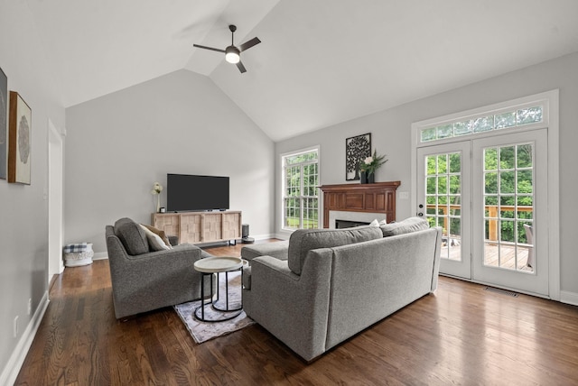 2386 Pleasant View Rd, Pleasant View, TN 37146 - living area with ceiling fan, a fireplace, dark wood finished floors, and high vaulted ceiling