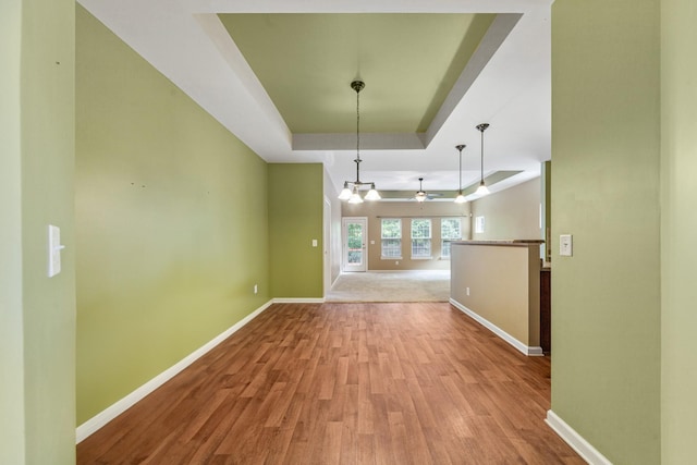 2438 Duxbury Dr, Columbia, TN 38401 - unfurnished dining area featuring a raised ceiling, light wood-style flooring, and a ceiling fan