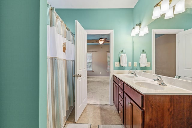 2438 Duxbury Dr, Columbia, TN 38401 - bathroom featuring double vanity, tile patterned flooring, and ceiling fan