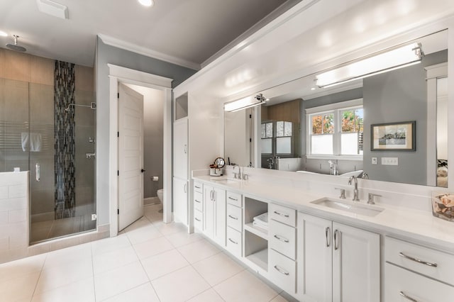 1727 Hillmont Dr, Nashville, TN 37215 - bathroom featuring double vanity, a stall shower, tile patterned floors, and recessed lighting