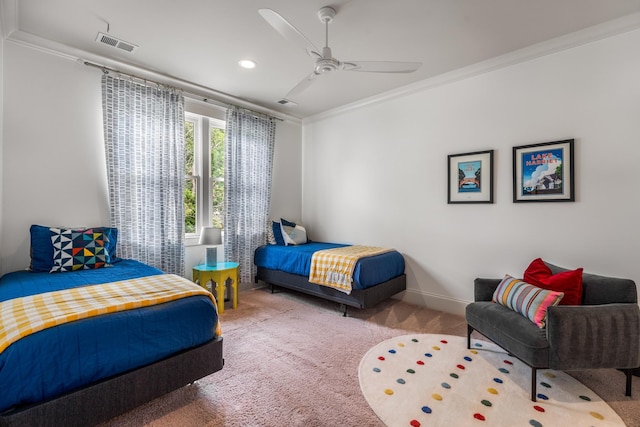 1727 Hillmont Dr, Nashville, TN 37215 - carpeted bedroom featuring ornamental molding, ceiling fan, and recessed lighting