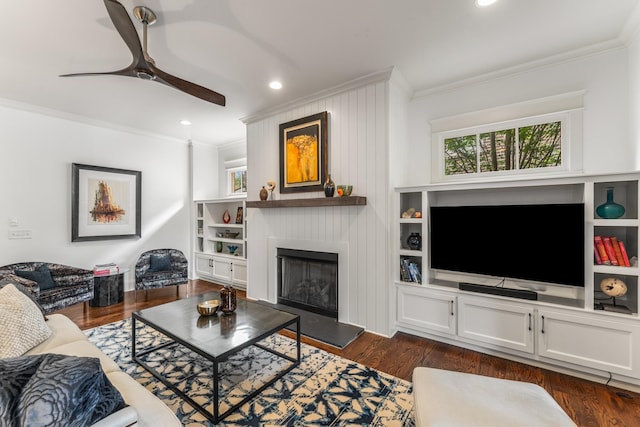 1727 Hillmont Dr, Nashville, TN 37215 - living room featuring crown molding, ceiling fan, a fireplace, recessed lighting, and dark wood-type flooring
