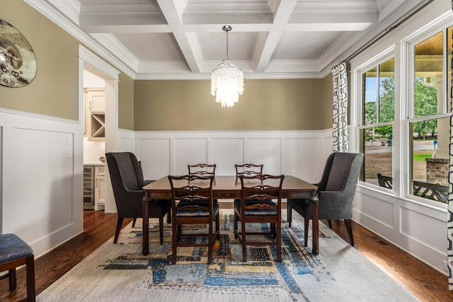 1727 Hillmont Dr, Nashville, TN 37215 - dining space with beverage cooler, a decorative wall, a chandelier, coffered ceiling, and beamed ceiling