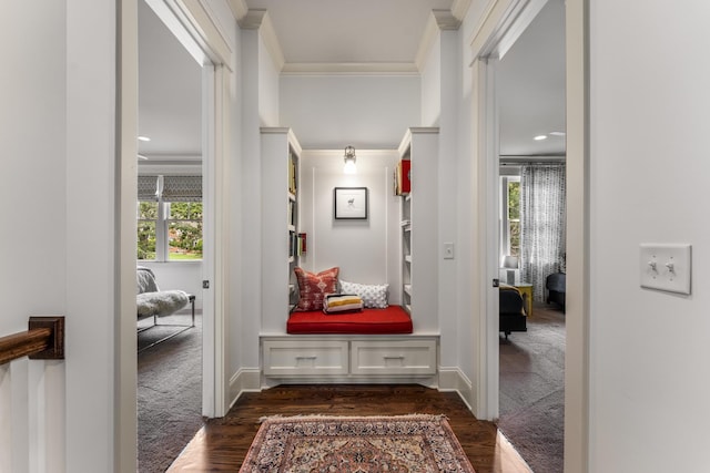 1727 Hillmont Dr, Nashville, TN 37215 - hallway with crown molding, dark colored carpet, and dark wood-style floors