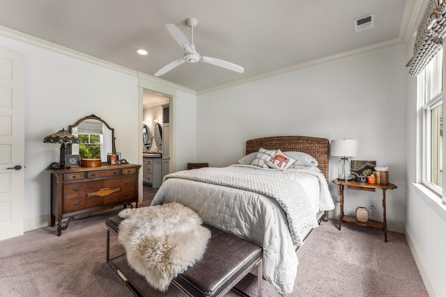 1727 Hillmont Dr, Nashville, TN 37215 - bedroom with carpet floors, crown molding, ceiling fan, recessed lighting, and ensuite bathroom