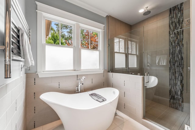 1727 Hillmont Dr, Nashville, TN 37215 - bathroom with a stall shower, a freestanding bath, tile walls, and tile patterned floors