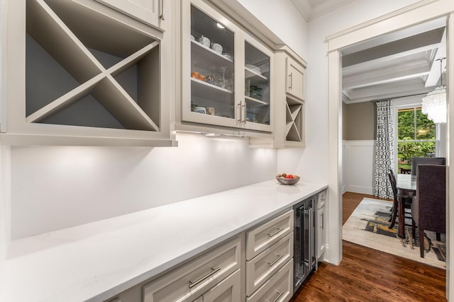 1727 Hillmont Dr, Nashville, TN 37215 - bar featuring dark wood-style floors, wine cooler, a wainscoted wall, ornamental molding, and beam ceiling