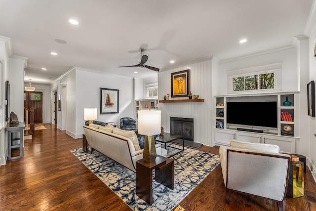 1727 Hillmont Dr, Nashville, TN 37215 - living room featuring crown molding, recessed lighting, ceiling fan, a fireplace, and wood finished floors