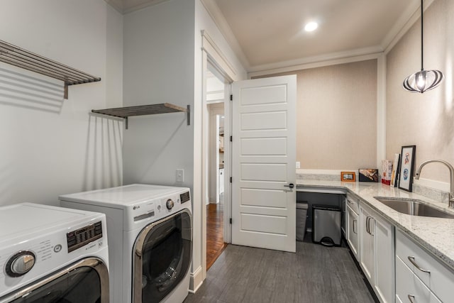1727 Hillmont Dr, Nashville, TN 37215 - laundry room with separate washer and dryer, dark wood-style floors, and ornamental molding