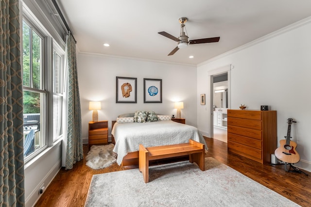 1727 Hillmont Dr, Nashville, TN 37215 - bedroom with crown molding, wood finished floors, a ceiling fan, and recessed lighting