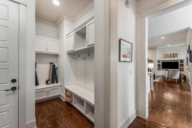 1727 Hillmont Dr, Nashville, TN 37215 - mudroom featuring crown molding, dark wood-style flooring, and recessed lighting
