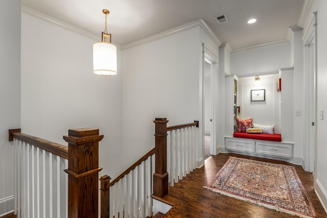 1727 Hillmont Dr, Nashville, TN 37215 - hallway featuring an upstairs landing, wood finished floors, crown molding, and recessed lighting