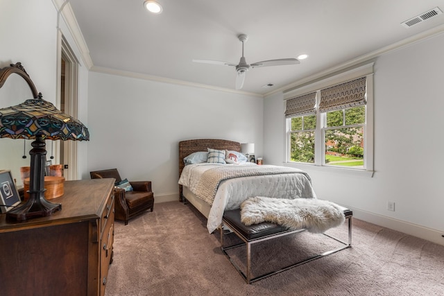 1727 Hillmont Dr, Nashville, TN 37215 - bedroom featuring light carpet, crown molding, recessed lighting, and a ceiling fan