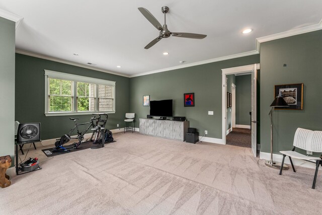 1727 Hillmont Dr, Nashville, TN 37215 - workout area with crown molding, ceiling fan, carpet, and recessed lighting