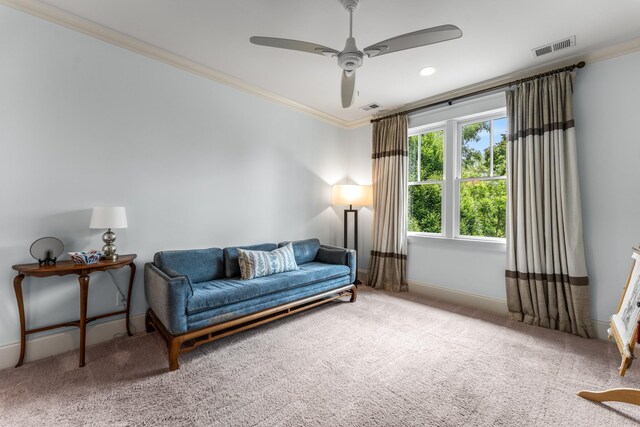 1727 Hillmont Dr, Nashville, TN 37215 - living area with crown molding, carpet, and a ceiling fan