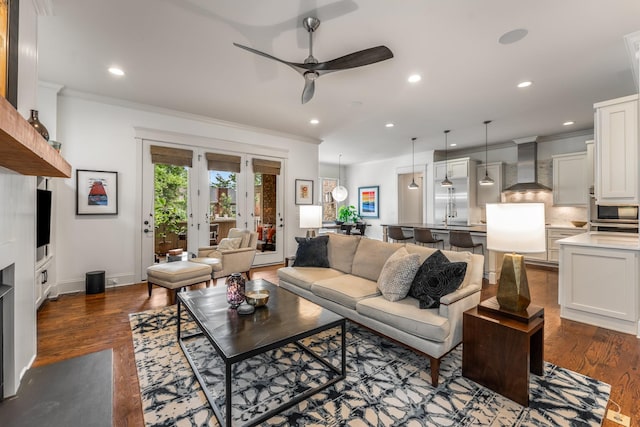 1727 Hillmont Dr, Nashville, TN 37215 - living area featuring a ceiling fan, crown molding, dark wood-style flooring, and recessed lighting