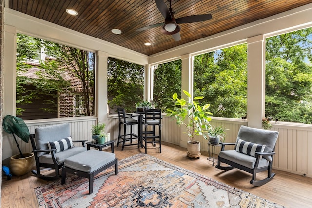 1727 Hillmont Dr, Nashville, TN 37215 - sunroom featuring ceiling fan, wood finished floors, a wooden deck, and wood ceiling