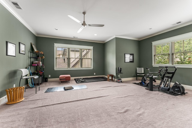 1727 Hillmont Dr, Nashville, TN 37215 - workout room featuring carpet floors, crown molding, and ceiling fan