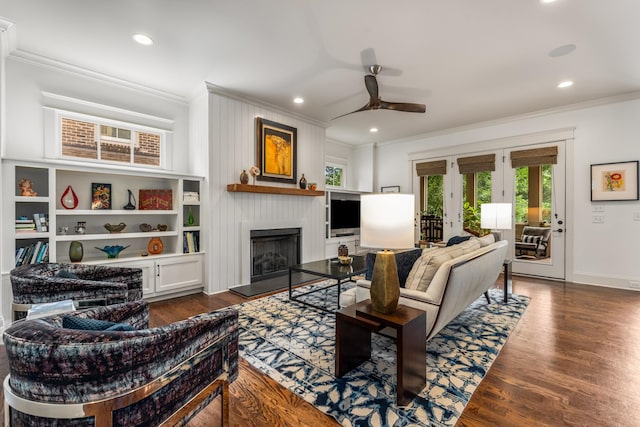 1727 Hillmont Dr, Nashville, TN 37215 - living room with ornamental molding, plenty of natural light, french doors, a large fireplace, and ceiling fan
