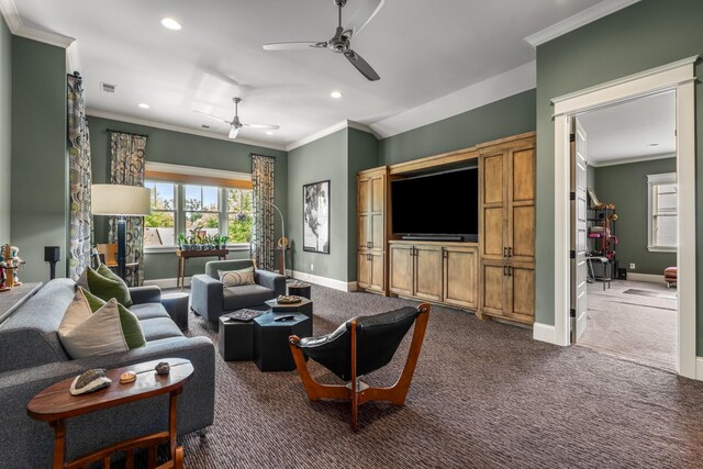 1727 Hillmont Dr, Nashville, TN 37215 - living room with a ceiling fan, ornamental molding, recessed lighting, and dark carpet