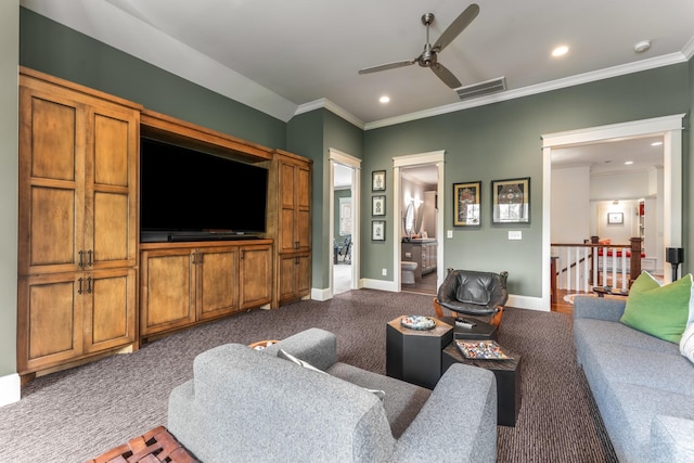 1727 Hillmont Dr, Nashville, TN 37215 - carpeted living room with a ceiling fan, ornamental molding, and recessed lighting