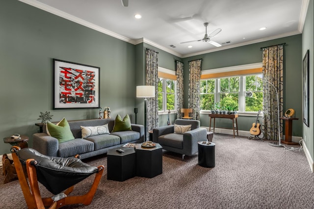 1727 Hillmont Dr, Nashville, TN 37215 - carpeted living area featuring recessed lighting, ceiling fan, and crown molding