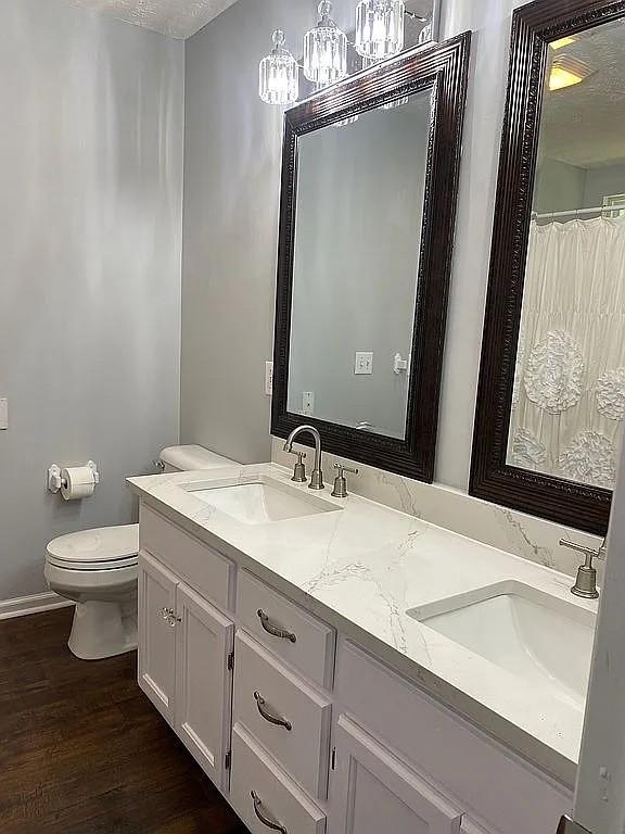 213 Ramsey Rd, Murfreesboro, TN 37127 - bathroom with double vanity, wood finished floors, and a chandelier