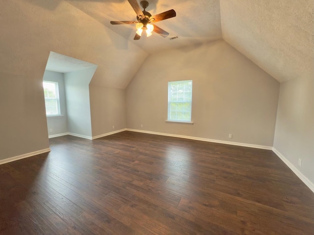 213 Ramsey Rd, Murfreesboro, TN 37127 - additional living space with a ceiling fan, dark wood-style floors, lofted ceiling, and a textured ceiling
