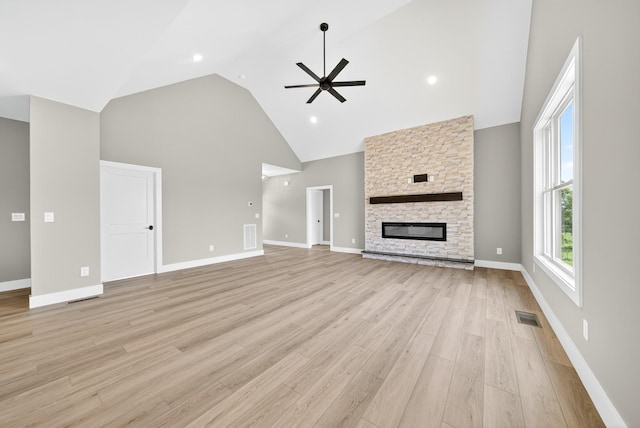 1263 N Sumner Rd, Bethpage, TN 37022 - unfurnished living room with high vaulted ceiling, ceiling fan, a stone fireplace, and light wood finished floors