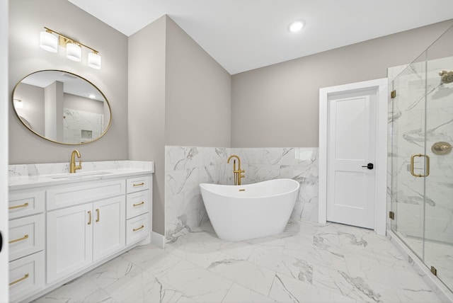 1263 N Sumner Rd, Bethpage, TN 37022 - full bath with marble finish floors, a marble finish shower, a soaking tub, vanity, and a wainscoted wall