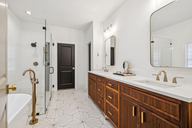 3404 Benham Ave, Nashville, TN 37215 - bathroom with double vanity, a freestanding tub, a stall shower, and tile patterned flooring