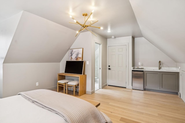 3404 Benham Ave, Nashville, TN 37215 - bedroom featuring refrigerator, lofted ceiling, a chandelier, light wood-style flooring, and wet bar