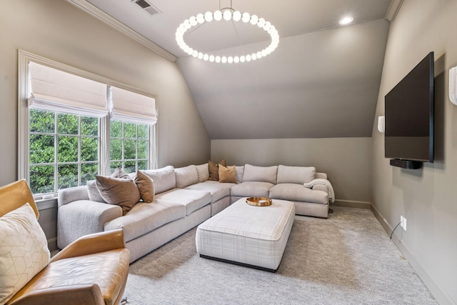 3404 Benham Ave, Nashville, TN 37215 - living area featuring carpet flooring, vaulted ceiling, crown molding, and recessed lighting