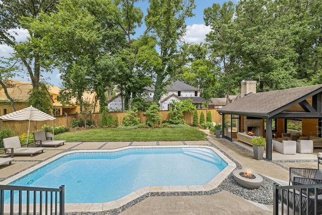 3404 Benham Ave, Nashville, TN 37215 - view of pool with a patio, an outdoor living space with a fireplace, and a fenced backyard