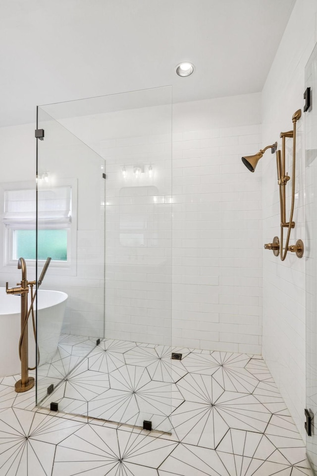 3404 Benham Ave, Nashville, TN 37215 - full bathroom with tiled shower, a freestanding bath, and tile patterned floors