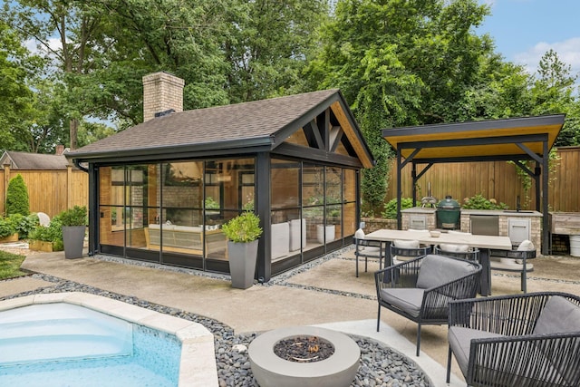 3404 Benham Ave, Nashville, TN 37215 - outdoor pool featuring a patio area, outdoor dining area, a sunroom, and a grill