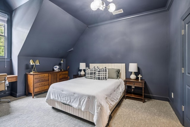 3404 Benham Ave, Nashville, TN 37215 - bedroom with carpet, crown molding, lofted ceiling, and a chandelier