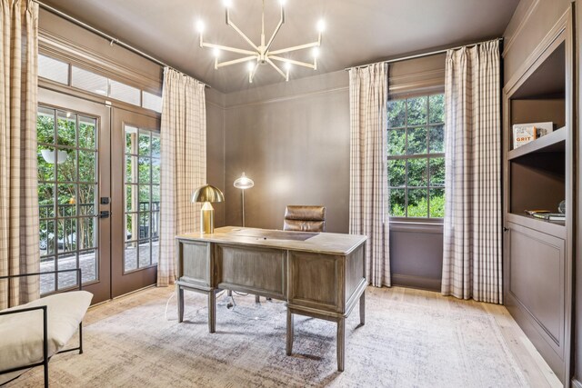 3404 Benham Ave, Nashville, TN 37215 - office area featuring french doors, healthy amount of natural light, a chandelier, and light wood-type flooring